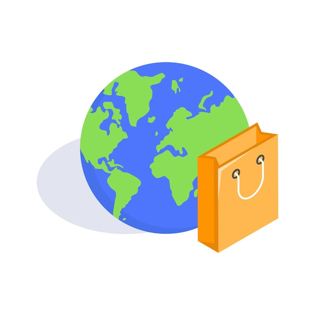 Bolsa de compras con concepto de globo mundial icono isométrico de las compras globales