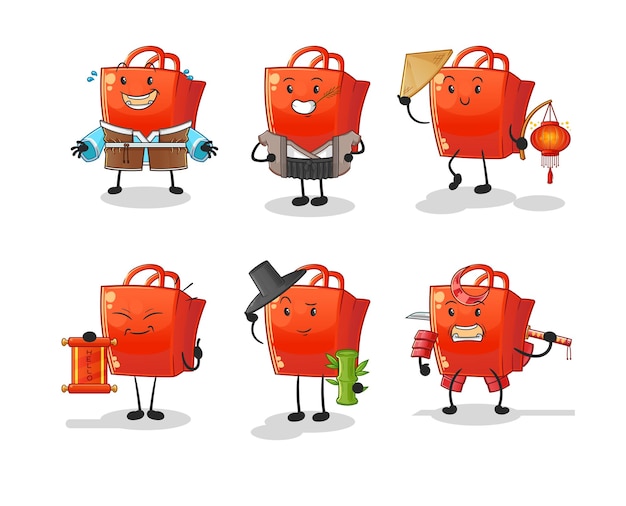 Bolsa de compras cultura asiática set vector de mascota de dibujos animados