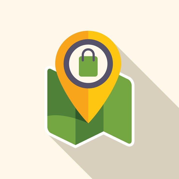Vector bolsa de compras dentro del puntero del mapa gps sobre el mapa plegado