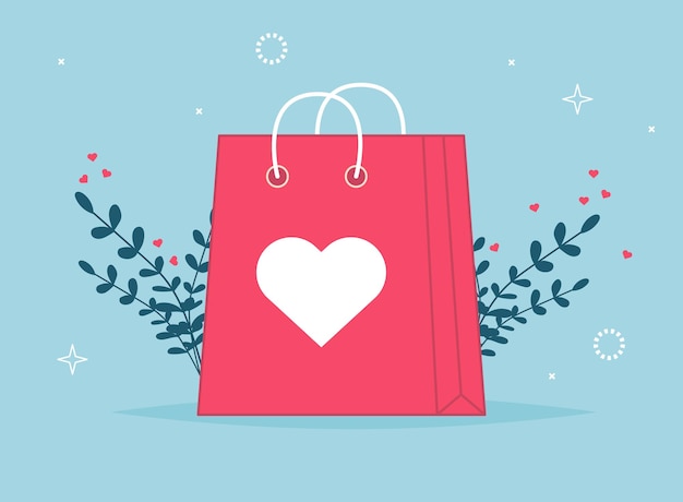 Bolsa de compras del día de San Valentín con lista de compras. Amor bolsa de papel de regalo. Embalaje de comprador de tienda de moda. Paquete de cliente con corazones para la venta de regalos navideños. ilustración sorpresa.
