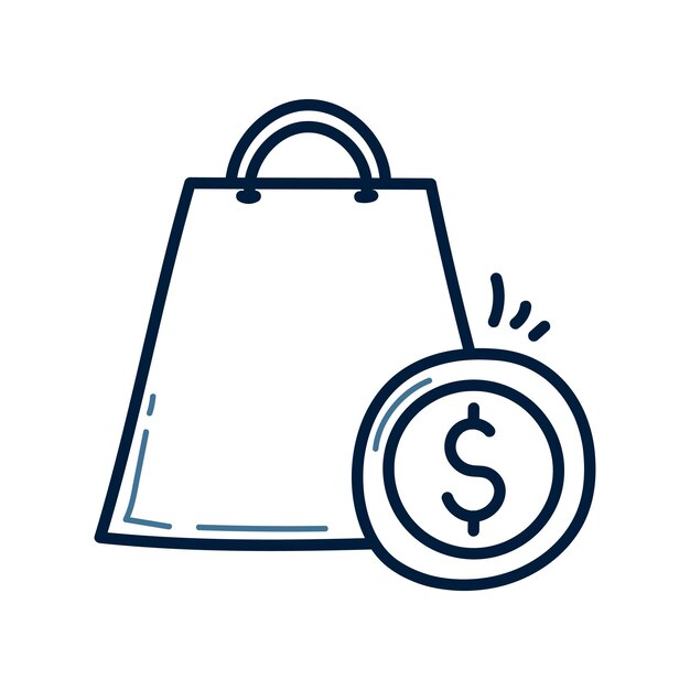 Bolsa de compras dibujada a mano y línea de garabateo de dólares ilustración de la bolsa de compras icono de garabate o vector