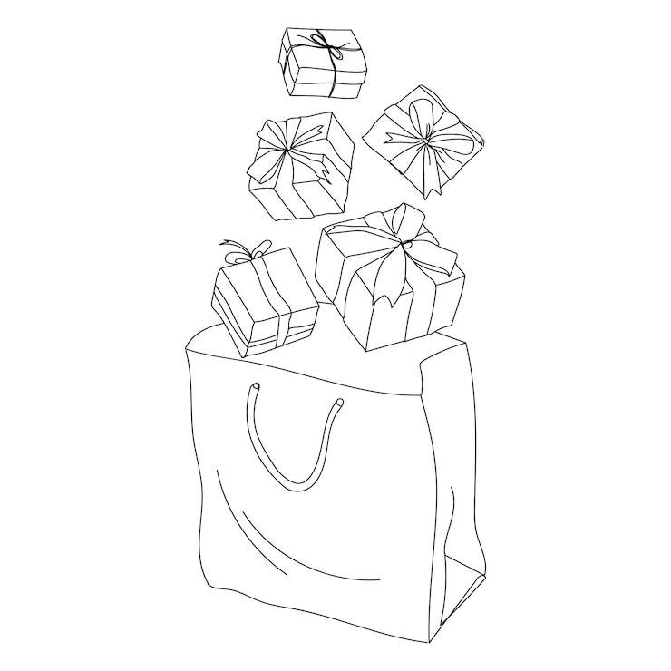 Vector bolsa de compras con dibujo de líneas de cajas de regalo aislado sobre fondo blanco. ilustración de vector
