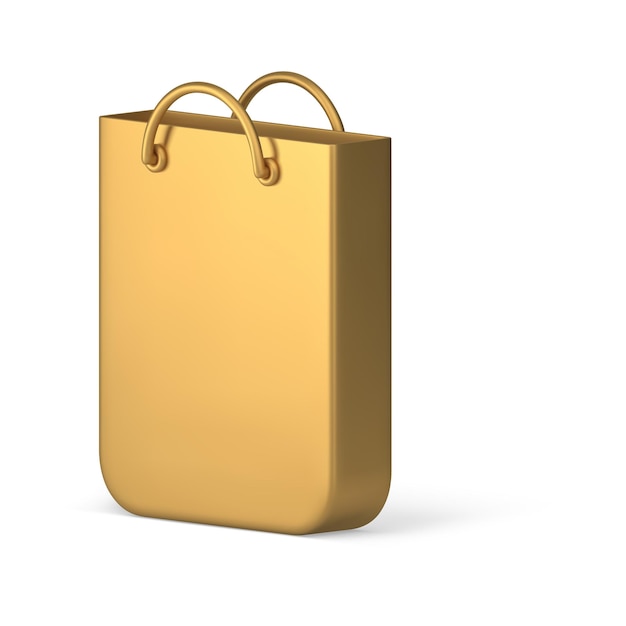 Bolsa de compras dorada con asas, comprar bienes, comprar, llevar, llevar, isométrico, 3d, icono, vector