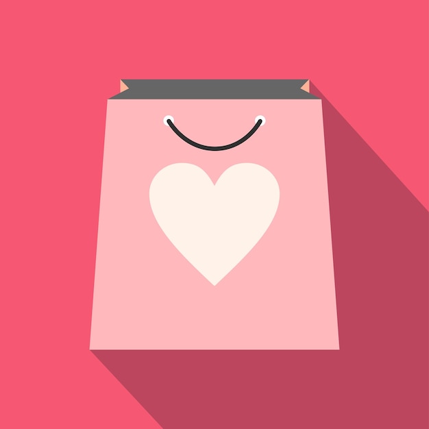 Bolsa de compras con icono de corazón Icono plano rosa con sombra larga