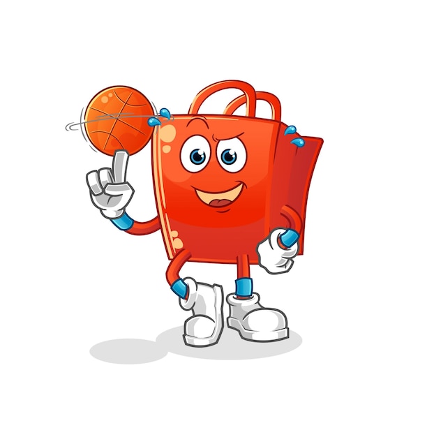 Bolsa de compras jugando a la mascota de la pelota de baloncesto. vector de dibujos animados