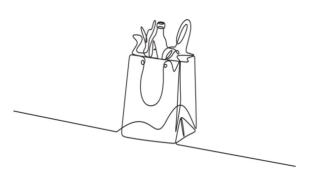 Bolsa de compras llena de comestibles dibujo de una sola línea