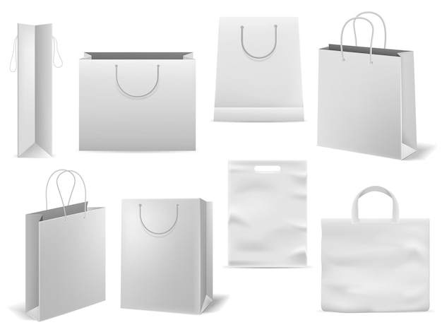 Vector bolsa de compras maqueta de bolso blanco realista tienda de moda de papel vacío embalaje cuadrado con asas sacos de cartón 3d aislados plantillas en blanco para marca conjunto de envoltura de compra de tienda vectorial