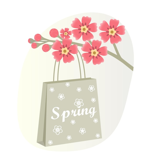 Bolsa de compras de papel. Hermosas flores rojas en una rama.