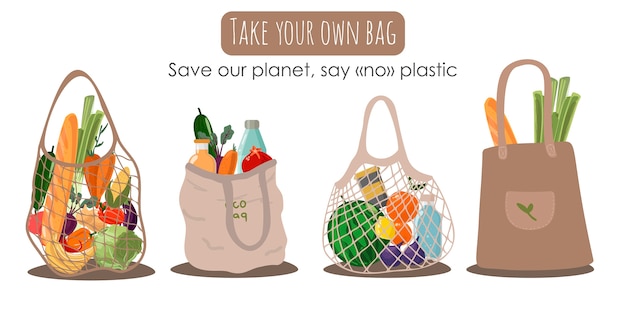 Bolsa de compras textil reutilizable con verduras y frutas para una vida ecológica. concepto de desperdicio cero. dibujado a mano colorido. di no al plástico