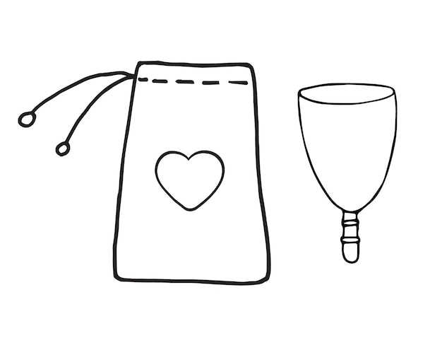 Bolsa y copa menstrual de garabato dibujado a mano vectorial