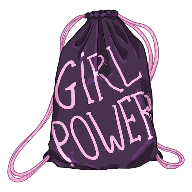 Bolsa de cordón púrpura de dibujos animados vectoriales con texto rosa mochila textil girl power con cuerdas