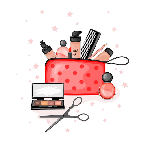 Vector bolsa de cosméticos con un conjunto de artículos de belleza.