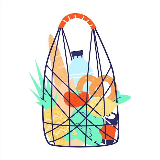 Bolsa de cuerdas de compras llena de comestibles Leche Pan Brócoli Piña Limón Comida enlatada Bagel