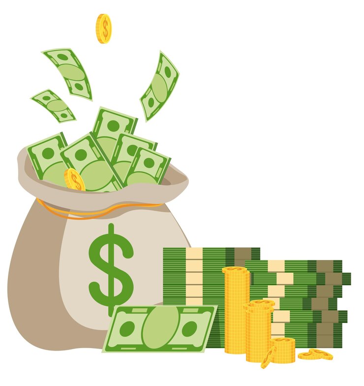 Vector bolsa de dinero con billetes. símbolo de riqueza, éxito y buena suerte. banca y finanzas. ilustración de dibujos animados de vector plano. objetos aislados sobre un fondo blanco.