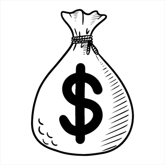 Bolsa de dinero dibujada a mano con signo de dólar aislado sobre fondo blanco. ilustración vectorial.