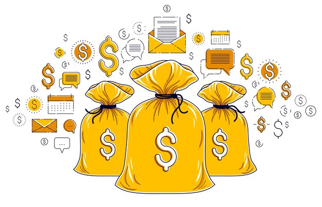 La bolsa de dinero y el icono de dólar establecen el concepto de diseño, ahorro o inversión vectorial.