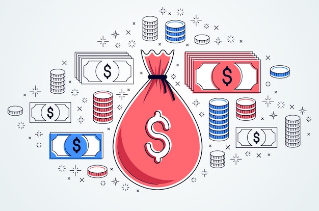 La bolsa de dinero y el icono de dólar establecen el concepto de diseño, ahorro o inversión vectorial.