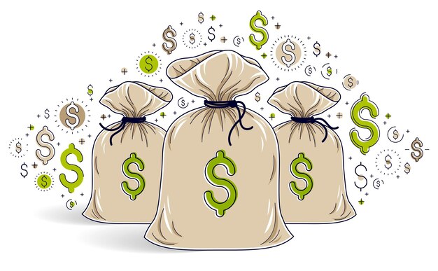 La bolsa de dinero y el icono de dólar establecen el concepto de diseño, ahorro o inversión vectorial.