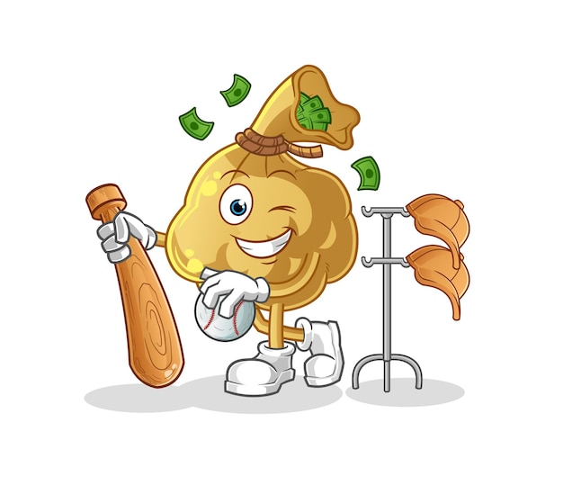 La bolsa de dinero jugando a la mascota de béisbol. vector de dibujos animados