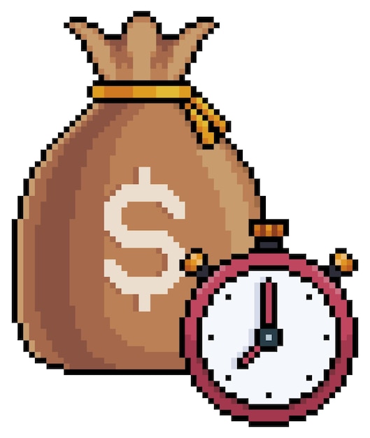 Bolsa de dinero de pixel art con reloj en estilo 8bit