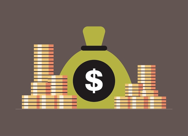 Bolsa de dinero con símbolo de dólar y moneda, tasa de interés, negocios, finanzas, retorno de la inversión.