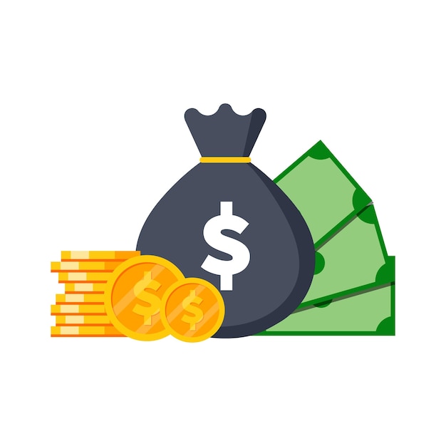 Bolsa con dinero vector saco con símbolo de dólar monedas de oro y billetes verdes vector plano