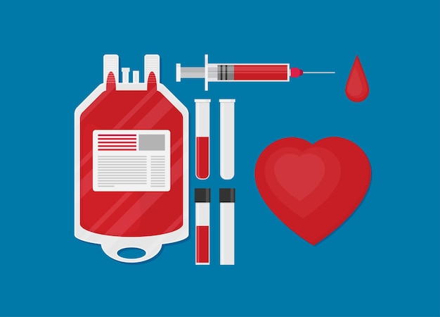 Vector bolsa de donación de sangre con tubo en forma de corazón ilustración vectorial de estilo plano