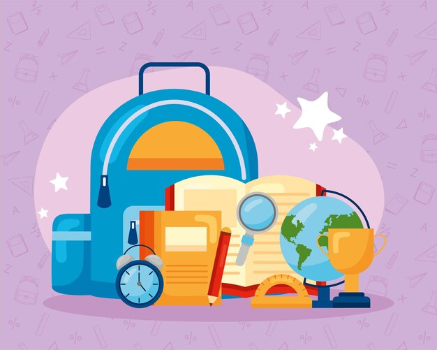 Bolsa e iconos sobre fondo morado.