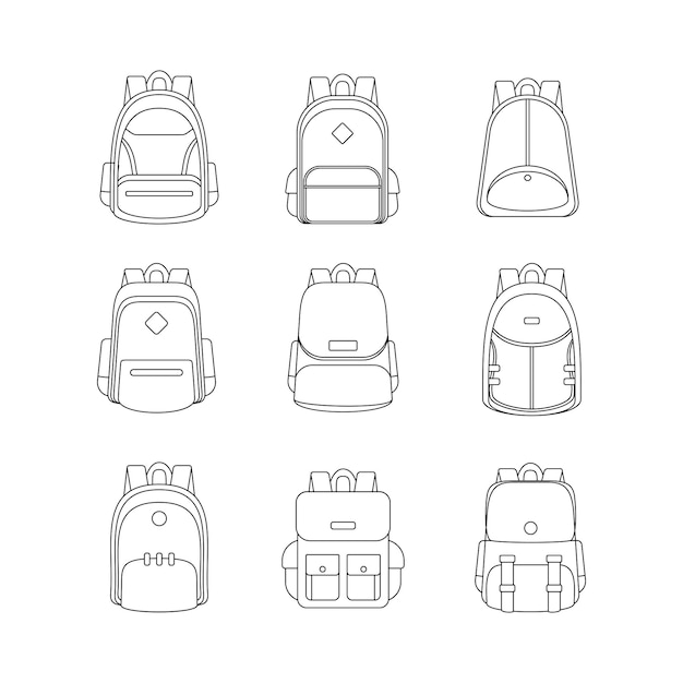 Bolsa de la escuela línea de garabateo símbolo signo icono colección estilo de contorno ilustración aislada