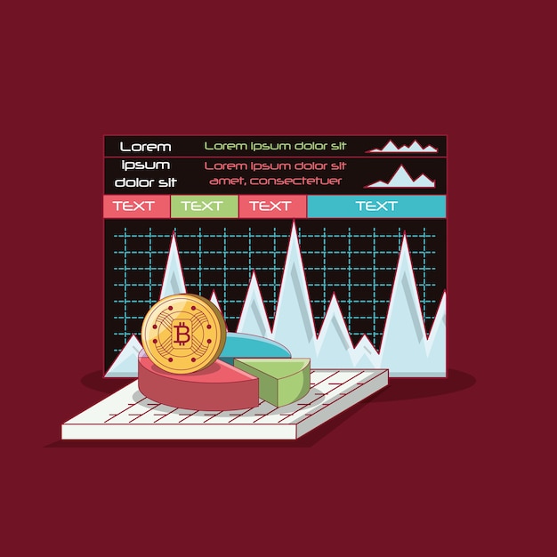 Bolsa con gráfico circular y moneda de bitcoin