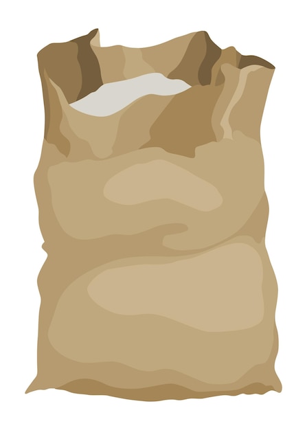 Bolsa de granjero de burlap con harina de arroz o sal Producto agrícola Producción agrícola en balas textiles marrones Saco abierto con producto dentro Icono vectorial de dibujos animados