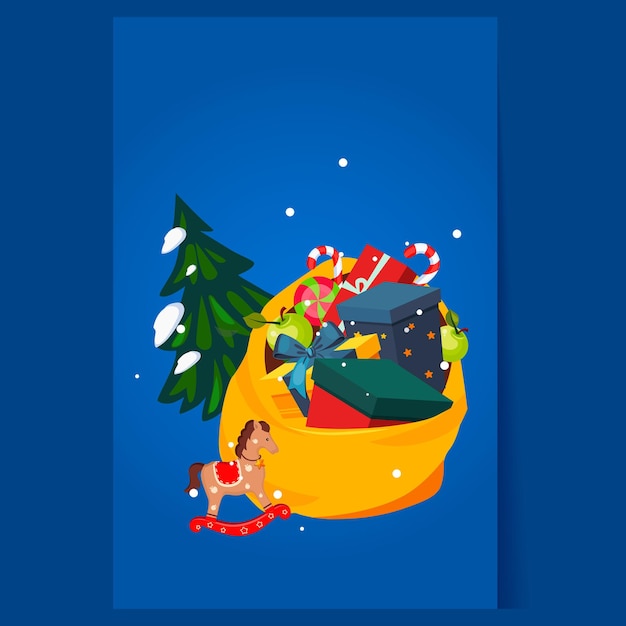 Bolsa de juguetes llena de regalos y árbol de Navidad. Ilustración vectorial de vacaciones