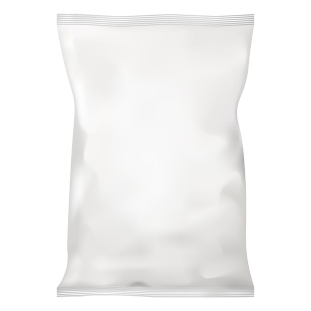 Bolsa de lámina de plástico vacía sellada vertical vectorial para diseño de paquete con cierre de borde dentado aislado sobre fondo blanco