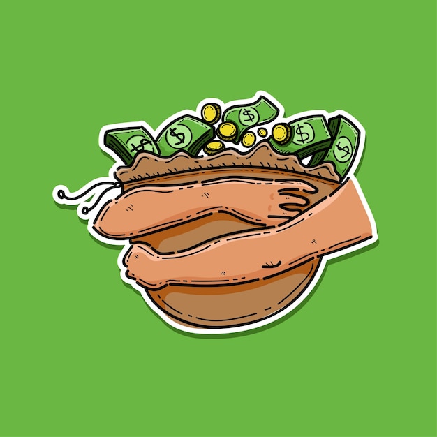Bolsa de mano llena de dinero diseño de ilustración vectorial de estilo pegatina aislado en un fondo verde
