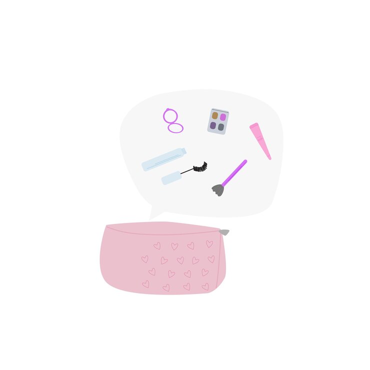 Bolsa de maquillaje rosa con ilustración de cosméticos