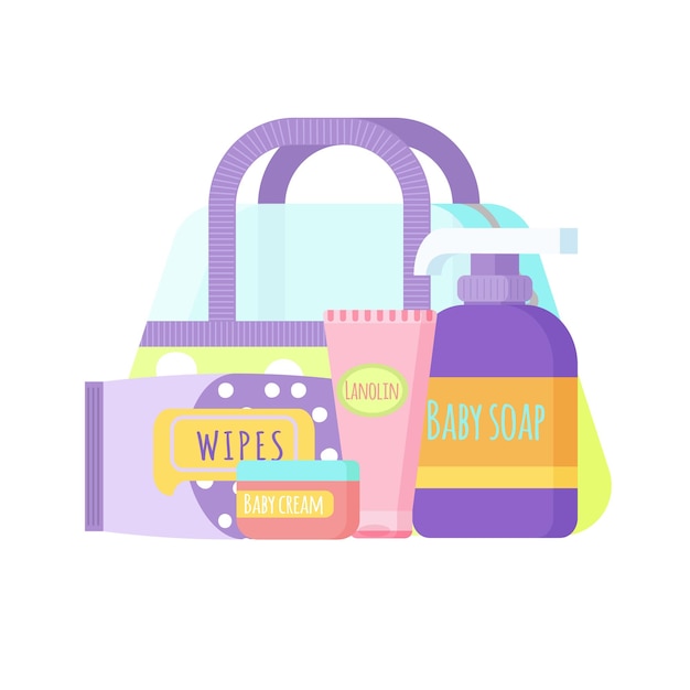 Bolsa de maternidad con cosméticos para mamá y bebé embalaje de una bolsa para recién nacido ilustración vectorial