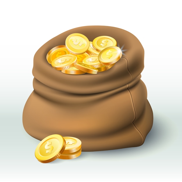 Bolsa de monedas de oro. Riqueza de monedas de oro, gran saco de efectivo y bonificación de dinero Ilustración realista en 3D