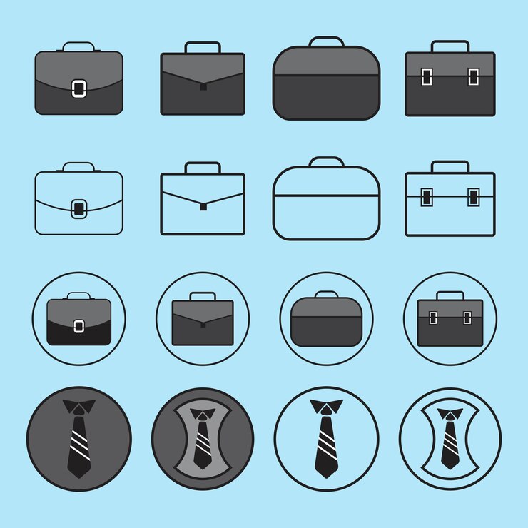 Bolsa de oficina de maleta profesional o de negocios y corbata o corbata silueta del conjunto de iconos
