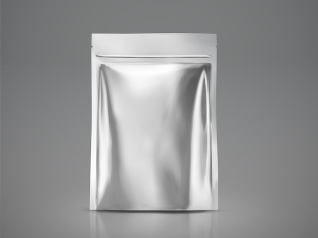 Vector bolsa de papel de aluminio en blanco, paquete plateado para usos en la ilustración