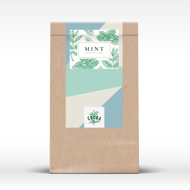 Bolsa de papel artesanal de chocolate de cacao Etiqueta de producto Diseño de embalaje vectorial abstracto con sombras realistas Tipografía moderna y bocetos de menta dibujados a mano