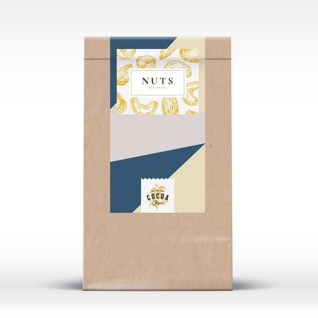 Bolsa de papel artesanal de chocolate con nueces Etiqueta de producto Diseño de empaque vectorial abstracto con sombras realistas Tipografía moderna y silueta de avellana y almendra dibujada a mano