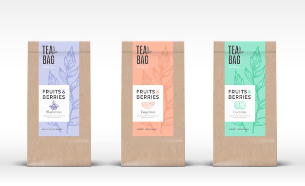 Vector bolsa de papel artesanal con etiquetas de té de frutas y bayas.