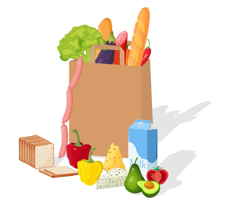 Vector una bolsa de papel con comida ilustración vectorial de una bolsa de papel para un supermercado con comida de