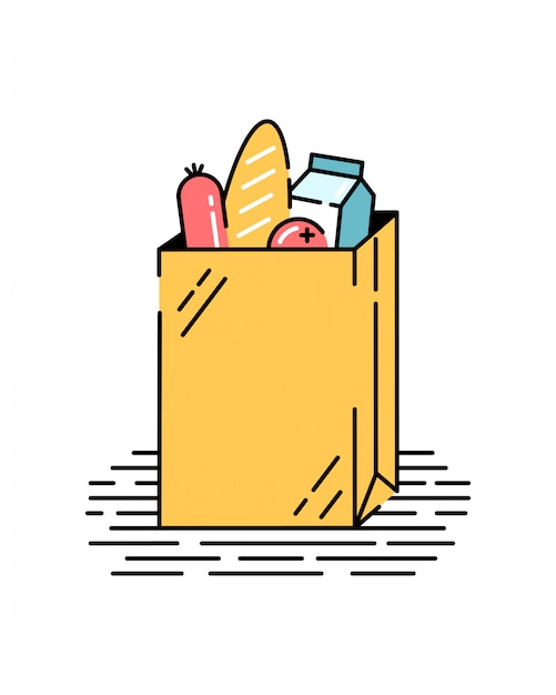 Bolsa de papel con comida. Verduras, pan, leche, salami. Compras de comestibles. ilustración en estilo plano.