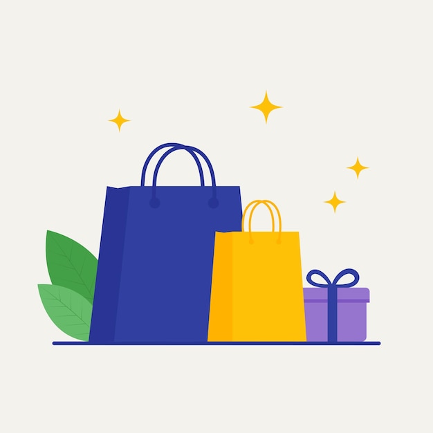 Bolsa de papel de compras con caja de regalos concepto compras descuento o premio Ilustración plana vectorial