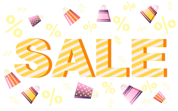Bolsa de papel de compras con etiqueta de venta% y palabra de venta ilustración vectorial plana sobre fondo blanco con símbolo de porcentaje.