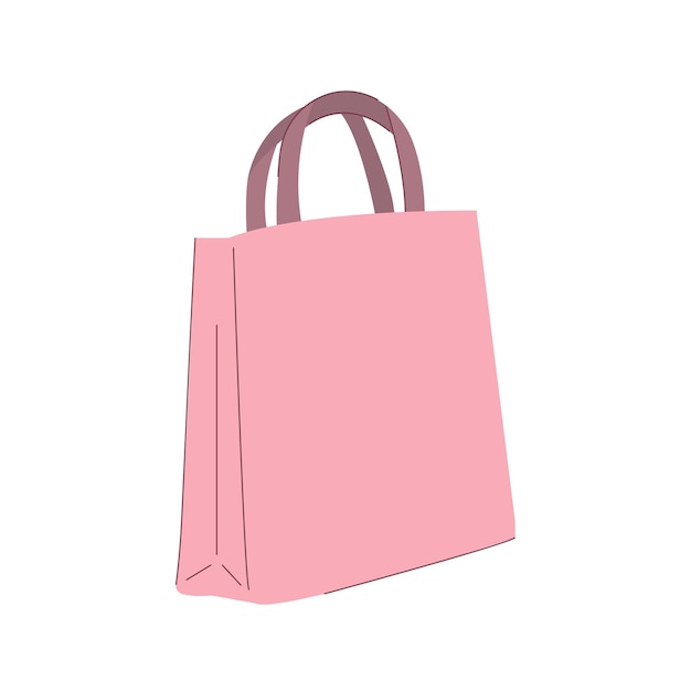 Bolsa de papel de compras rosa en estilo plano aislada sobre un fondo blanco