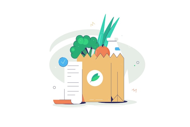 Bolsa de papel de compras con verduras orgánicas Tienda de abarrotes Alimentos vegetarianos saludables con factura