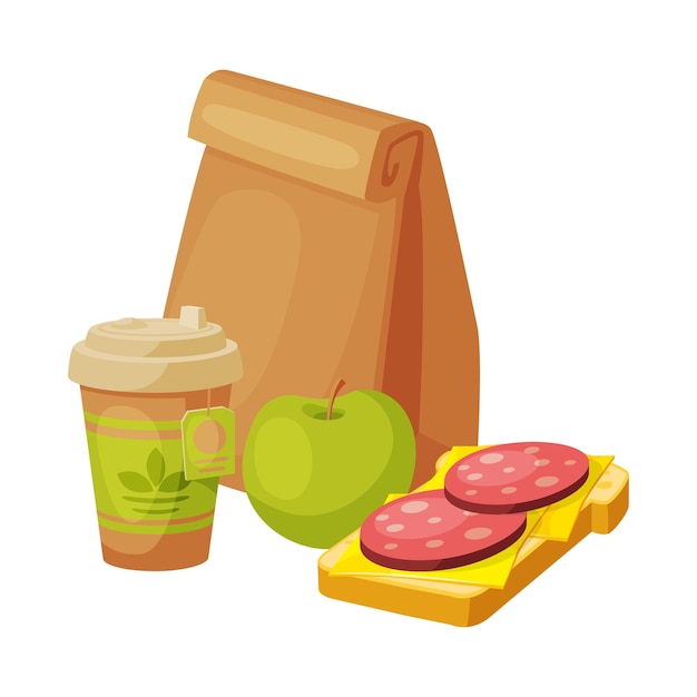 Vector bolsa de papel con desayuno saludable taza de cartón de té sándwich de manzana con salchicha y queso