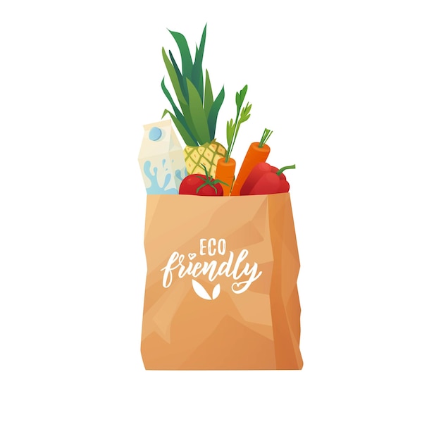 Vector bolsa de papel ecológica con comida
